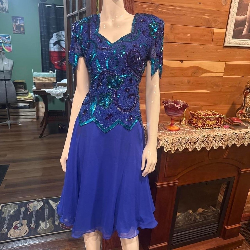 Vintage‎ Laurence Kazar New York Dress Royal Blue Beaded Silk Size Small S